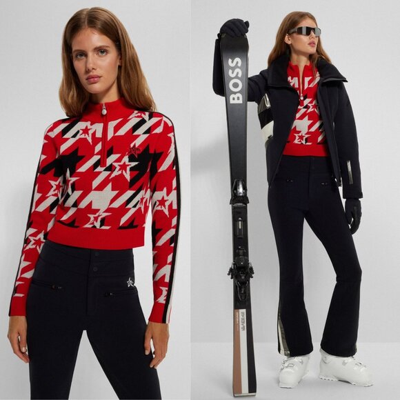 NEW Perfect Moment x BOSS Star Print Cropped Quarter Zip Merino Wool Sweater Top